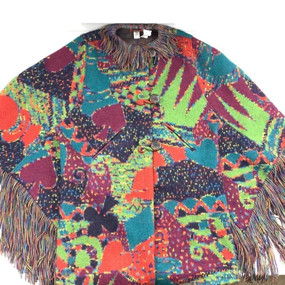 Missoni Vintage 80s 100% Wool Fringe Artsy Colorful Knit Jacket Poncho Women's M - Picture 4 of 16